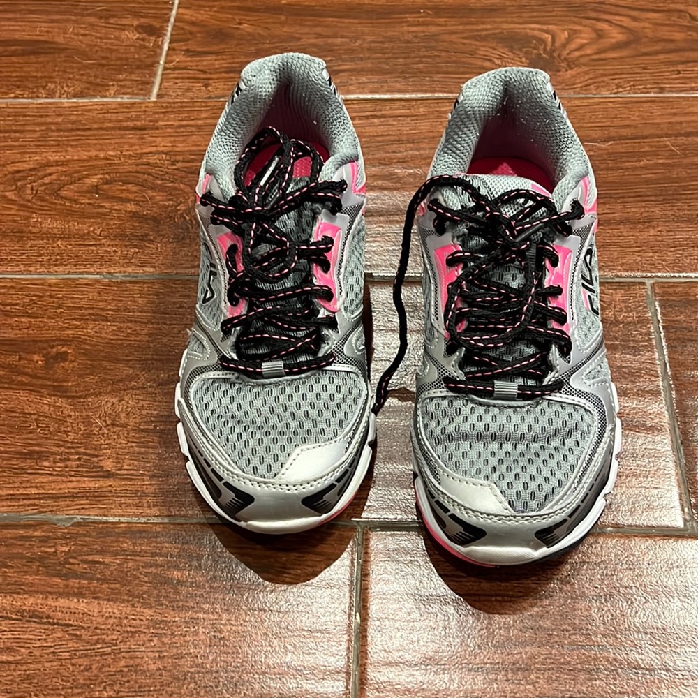 Fila women’s running shoes size 6.5 pink silver and white. Used. Like new